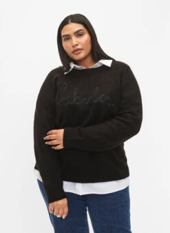 Zizzi Knitted Blouse With Embroidered Text