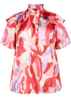 Zizzi Satin Shirt Blouse With Print And Ruffle Details -Chic Soldes M90029C 0297 Front