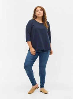 Zizzi Basic Cotton T-shirt With 3/4 Sleeves -Chic Soldes N00010L 1494 ModelFullBody