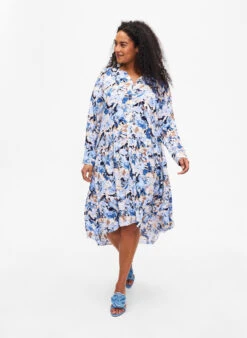 Zizzi Printed Viscose Midi Dress With Long Sleeves