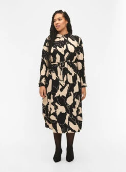 Zizzi Long-sleeved Midi Dress In Viscose With Print -Chic Soldes V00040Y 8000 ModelFullBody