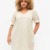 Zizzi V-neck Dress In Cotton Blend With Linen -Chic Soldes V00047P 0856 ModelFront