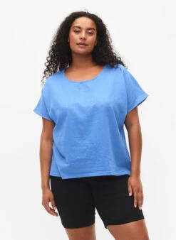 Zizzi Short-sleeved Blouse In Cotton Blend With Linen