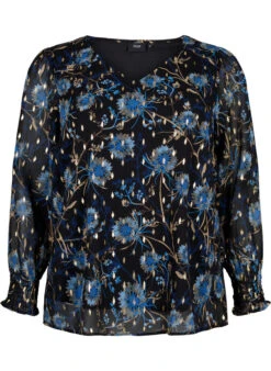 Zizzi Floral Blouse With Long Sleeves And V Neck -Chic Soldes V02581B 8032 Front