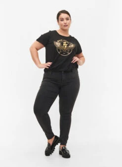 Zizzi Short-sleeved Cotton T-shirt With Print -Chic Soldes V50029N 9991 ModelFullBody