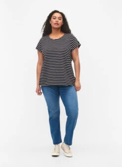 Zizzi Cotton T-shirt With Stripes -Chic Soldes V50032N 0199 ModelFullBody