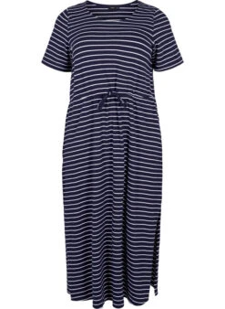 Zizzi Striped Midi Dress In Cotton With Short Sleeves -Chic Soldes V50032P 1496 Front