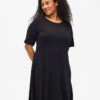Zizzi Solid-color Cotton Dress With Short Sleeves -Chic Soldes V50036H 9990 ModelFront