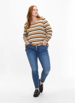 Zizzi Striped Blouse With Long Sleeves -Chic Soldes V50131X 9992 ModelFullBody