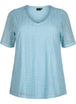 Zizzi Short-sleeved Lace Blouse With V-neck -Chic Soldes V50219A 1417 Front