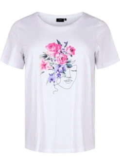 Zizzi Cotton T-shirt With Flowers And Portrait Motif -Chic Soldes V50253A 1101 Front