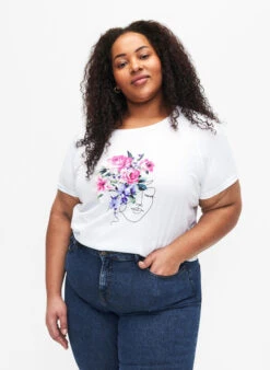 Zizzi Cotton T-shirt With Flowers And Portrait Motif
