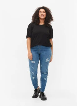 Zizzi Cotton T-shirt With 2/4 Sleeves -Chic Soldes V59053E 0199 ModelFullBody