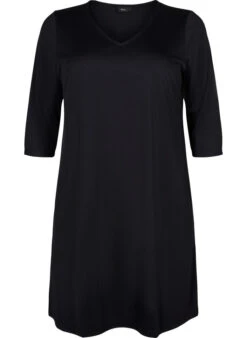 Zizzi Plain Dress With V Neck And 3/4 Sleeves -Chic Soldes V59310B 0199 Front
