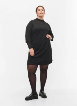 Zizzi Plain Dress With V Neck And 3/4 Sleeves -Chic Soldes V59310B 0199 ModelFullBody