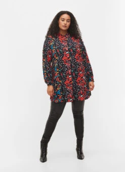 Zizzi Long Viscose Shirt In Floral Print -Chic Soldes X96111B 0199 ModelFullBody