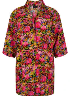 Zizzi Floral Viscose Tunic With 3/4 Sleeves -Chic Soldes X96125A 9990 Front
