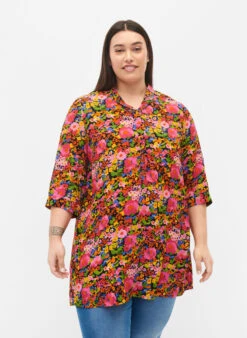 Zizzi Floral Viscose Tunic With 3/4 Sleeves