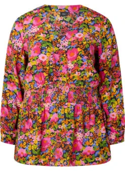 Zizzi Viscose Top With Floral Print And Smock -Chic Soldes X96125B 9990 Front