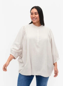 Zizzi Viscose-Linen Mix Shirt Blouse With 3/4 Sleeves