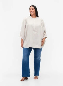 Zizzi Viscose-Linen Mix Shirt Blouse With 3/4 Sleeves -Chic Soldes X96150A 1122 ModelFullBody