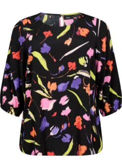 Zizzi Viscose Blouse With Print And 3/4 Sleeves -Chic Soldes X96210B 9990 Front