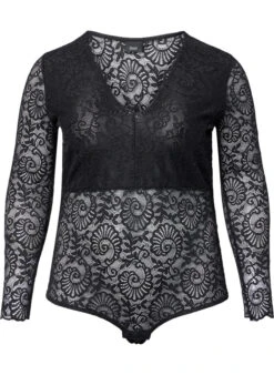 Zizzi Long-sleeved Lace Bodystocking With V-neck 12 Zizzi Long-sleeved Lace Bodystocking With V-neck -Chic Soldes X96224A 0199 Front