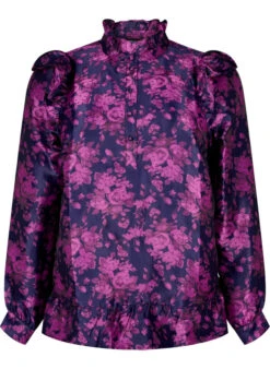 Zizzi Floral Jacquard Blouse With Ruffle Details -Chic Soldes X96231C 9990 Front
